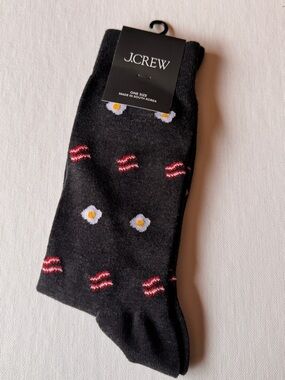 J.Crew Women’s Charcoal Gray Novelty Bacon & Egg Dress Socks NWT